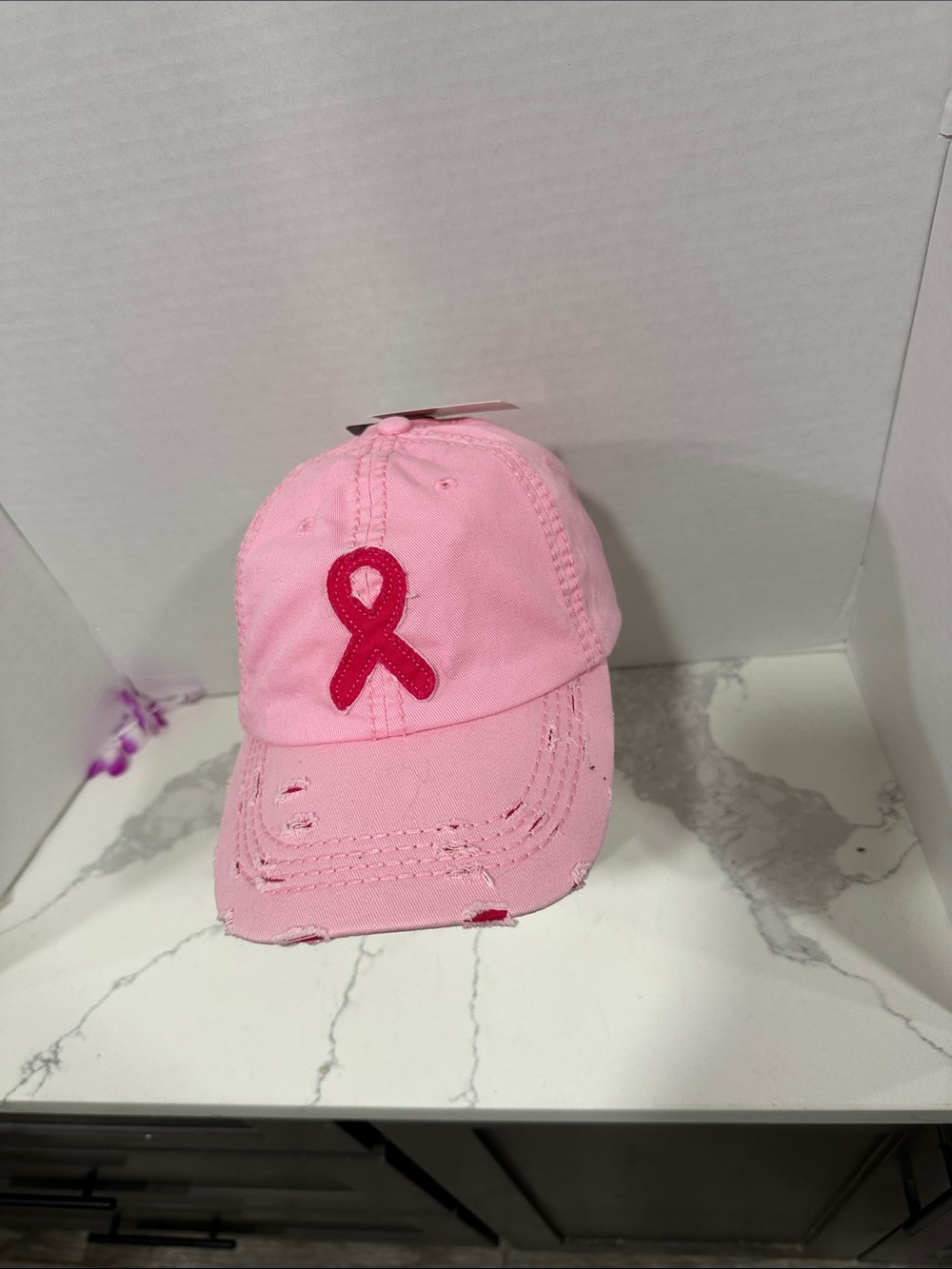 Pink Ribbon Distressed Baseball Cap - - Picture 2 of 8
